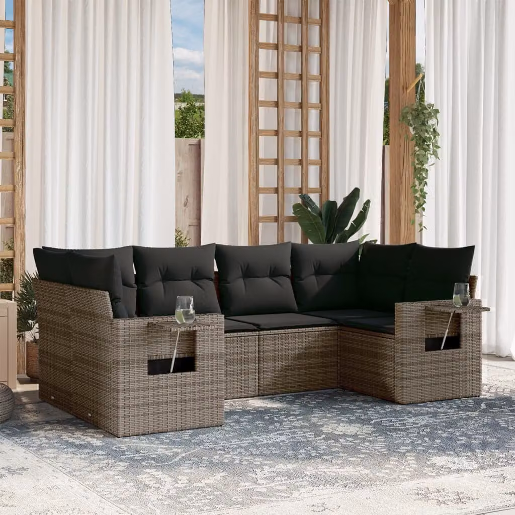 vidaXL Set Divano da Giardino a L 6 pz in Polyrattan Grigio con Cuscini e Tavolino – 1