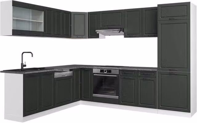 Cucina angolare completa R-Line Vicco in stile rustico, colore Antracite e Bianco, L/P/H: 287 x 227 x 85 cm