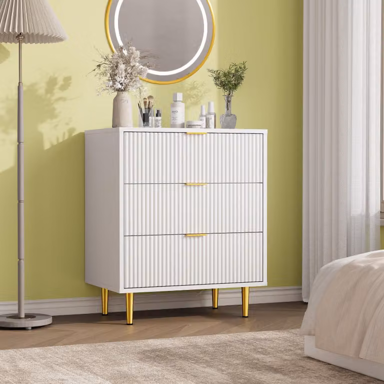 Comodino con frontale scanalato, 3 cassetti, ideale per la camera da letto o il soggiorno, colore bianco caldo