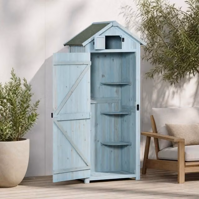 Armadio da giardino in legno con 3 ripiani removibili e finestra; 77 x 54;2 x 179 cm; azzurro