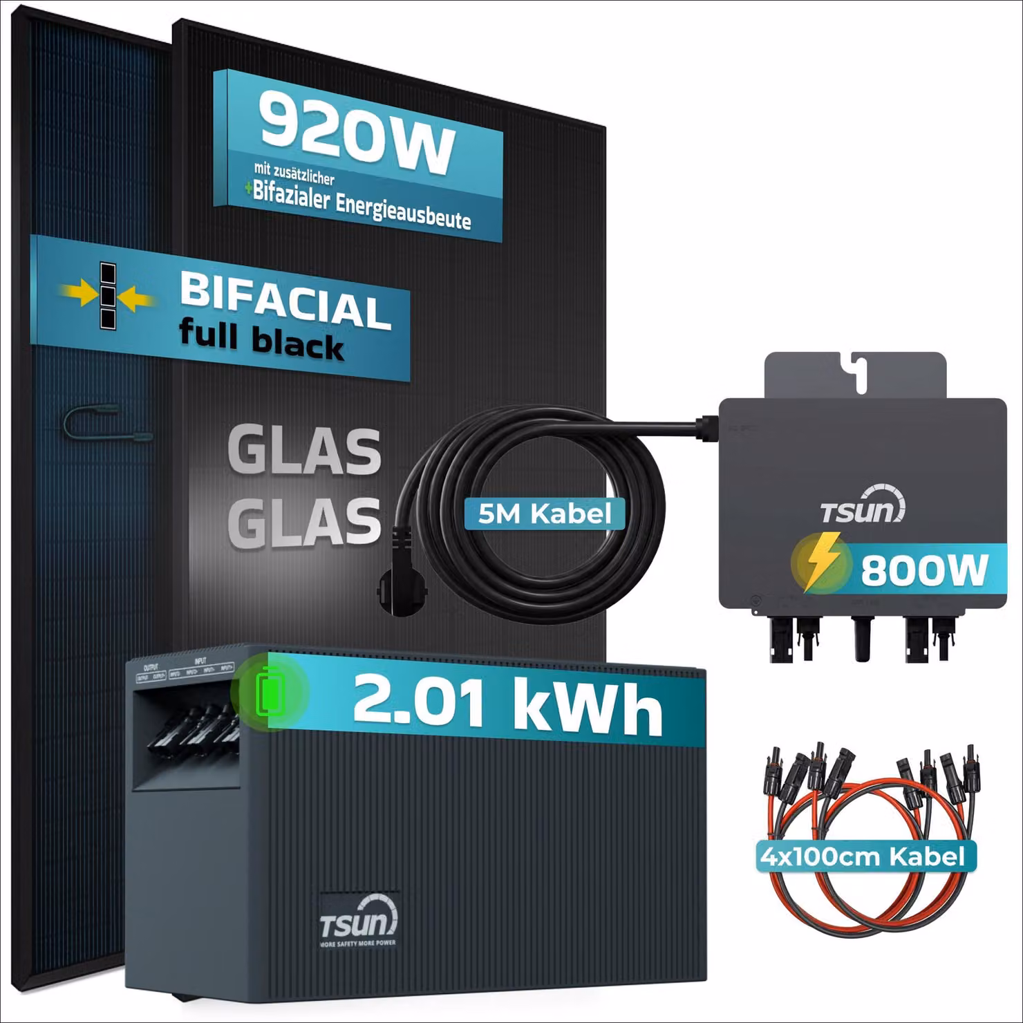 Impianto fotovoltaico da balcone SUNNIVA® da 920W con sistema di accumulo da 2,01 kWh, modello TSUN SOLARCAN TSOL-DCU2000Lite, composto da 2 pannelli da 460W bifacciali full black, completo di presa di corrente e sistema di accumulo solare