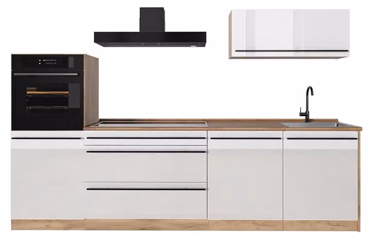 Cucina componibile Vicco R-Line Bianco lucido/Rovere dorato 280 cm piano di lavoro Rovere dorato, Model 66494