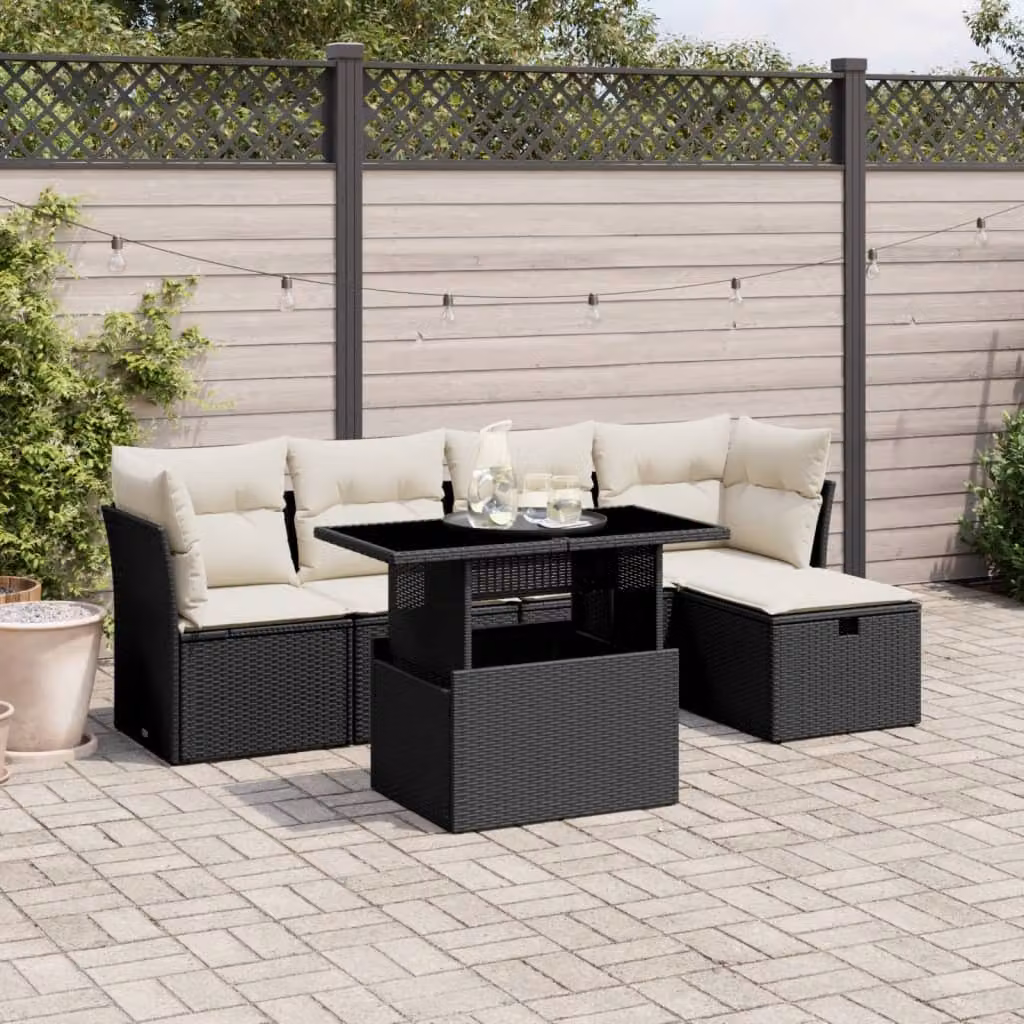 Set Divano da Giardino a L vidaXL 6 pz con Cuscini e Tavolino, Nero e Bianco, in Polyrattan con Struttura in Acciaio Verniciato a Polvere – 1