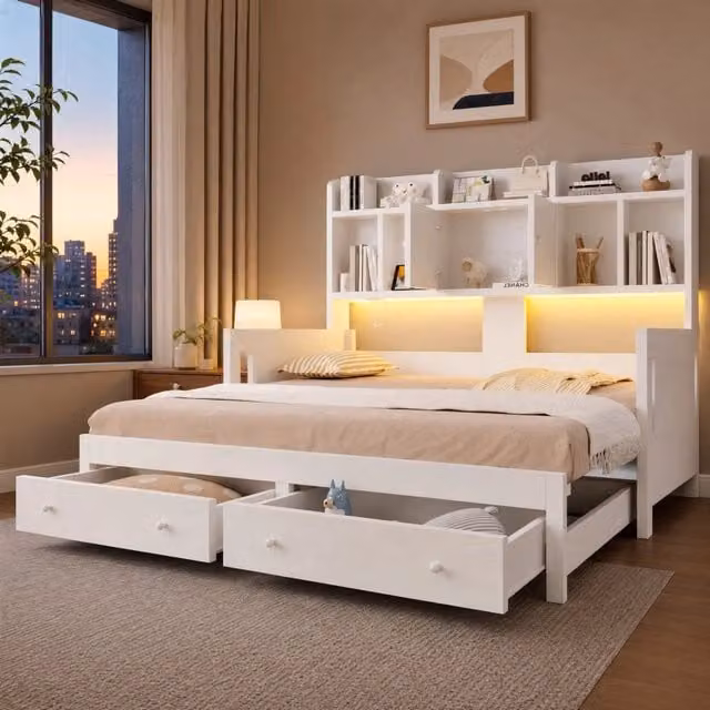 Divano letto estraibile REDOM in legno bianco con cassetti e vani contenitore, L/P/H: 190 x 90 x 75 cm