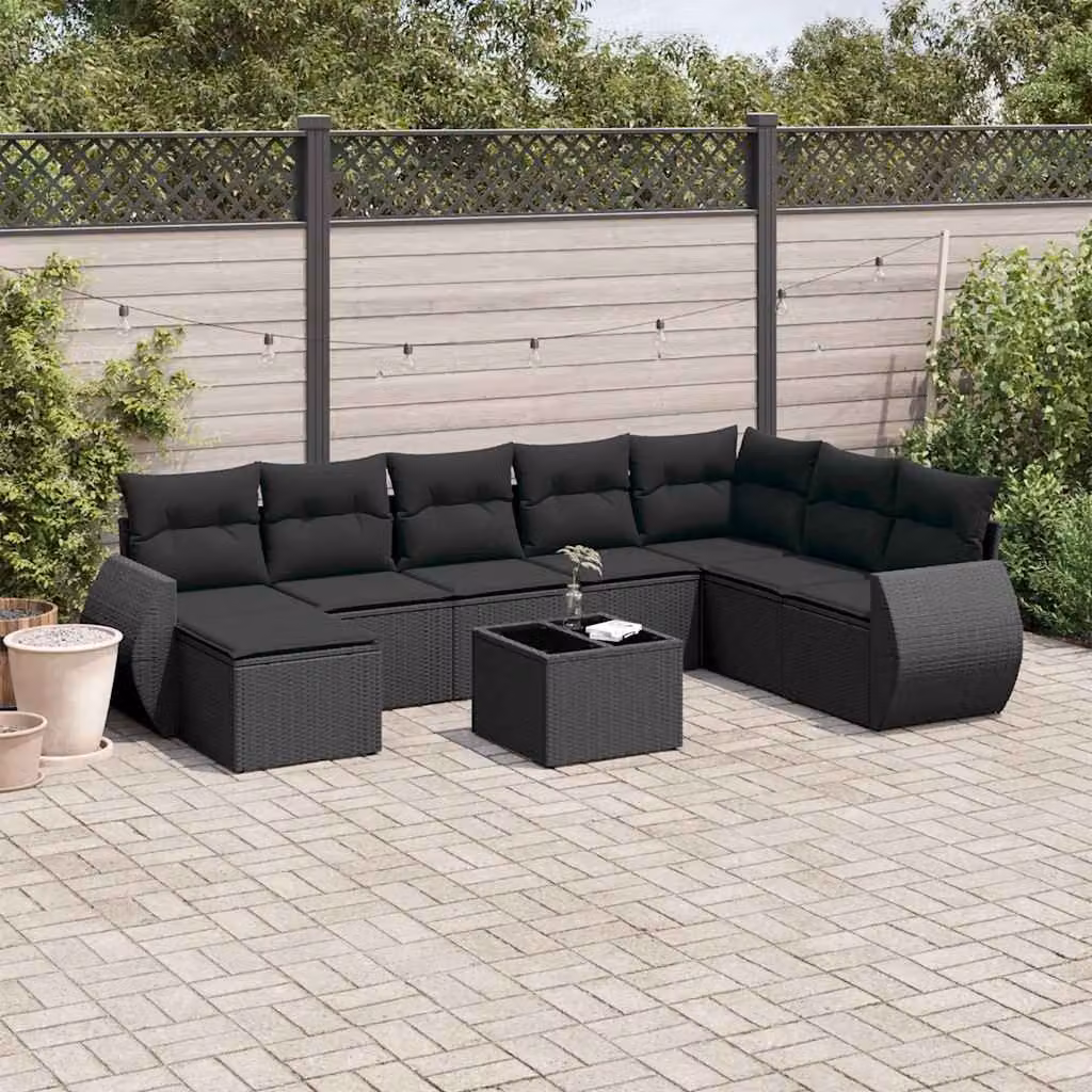 vidaXL Set Divani da Giardino 9 pz a Forma di L in Polyrattan Nero con Cuscini e Tavolino – 1
