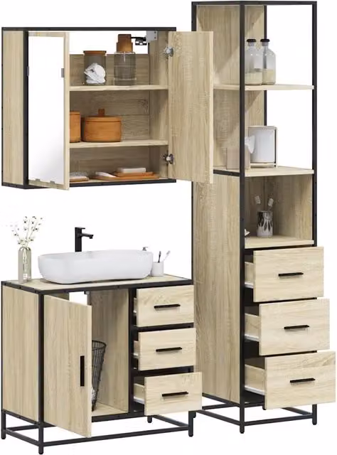 Set Mobili da Bagno Industrial vidaXL in Legno e Metallo Marrone, 3 Pezzi con Armadietto Specchio, Mobile Lavabo e Colonna, H 166 x L 65 x P 33 cm