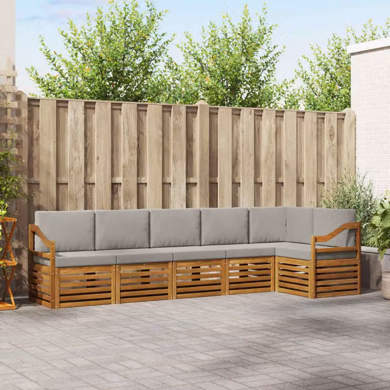 Set di divani da esterno vidaXL a forma di L composto da 6 pezzi in legno di acacia con cuscini in tessuto grigio e bianco
