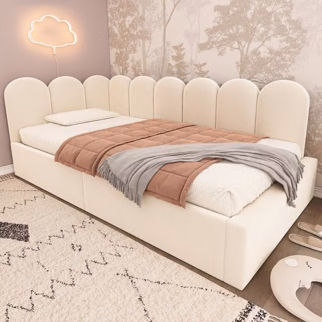 Letto divano contenitore 90x190 cm imbottito; sollevamento idraulico; rete a doghe in metallo; velluto beige