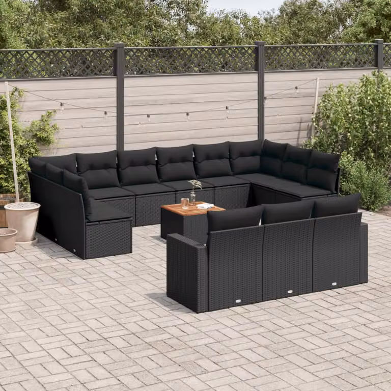 Set di Divani da Giardino vidaXL a Forma di U in Polyrattan Nero con Cuscini e Tavolino da Esterno