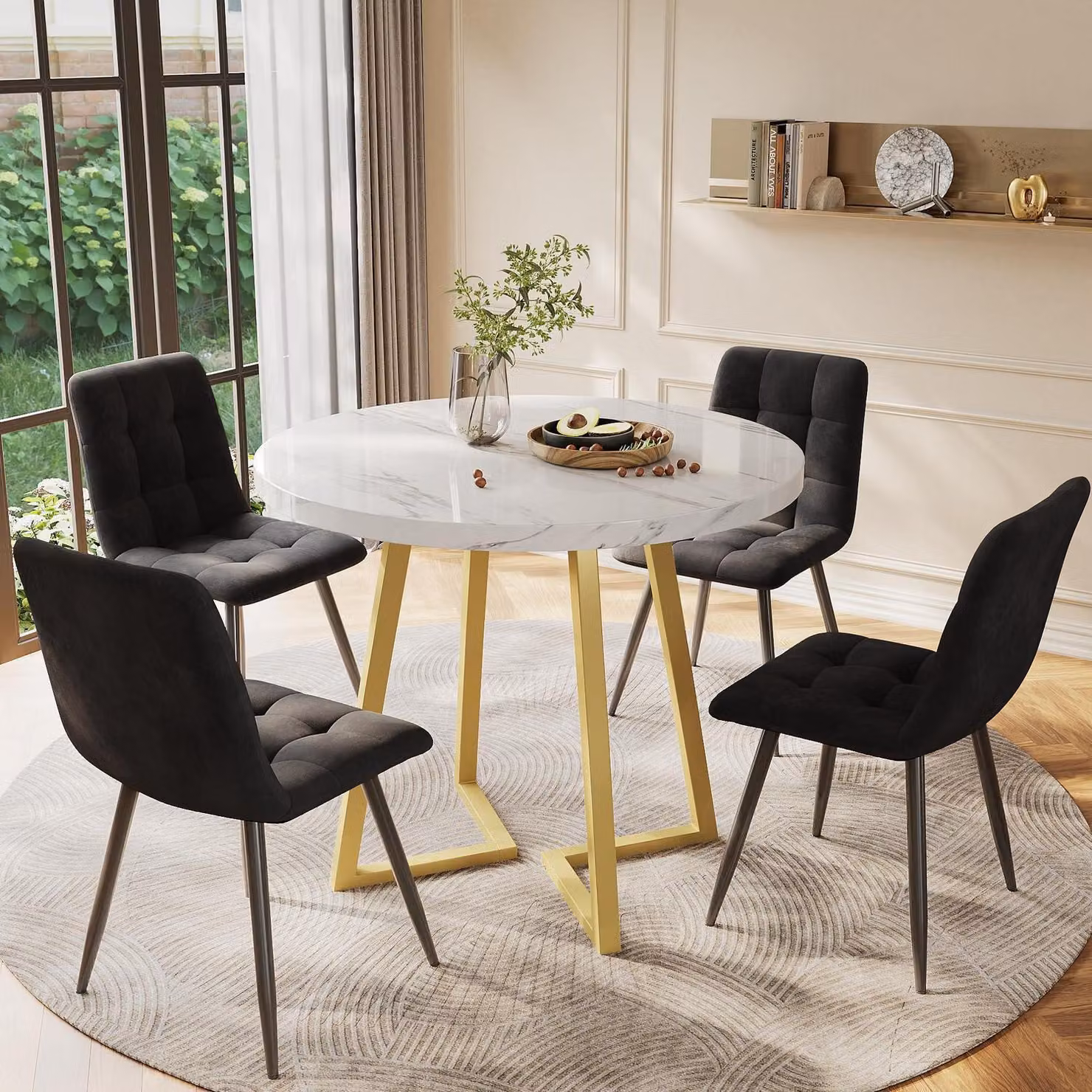 Set tavolo da pranzo 5 pezzi: tavolo rotondo da cucina con 4 sedie, dimensioni 80x75 cm, colore nero e oro