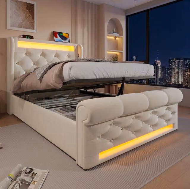 Letto singolo imbottito 90x200 cm in velluto beige con LED; ricarica USB e Type C; contenitore idraulico