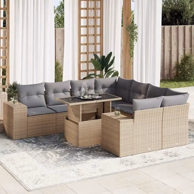 Set Divano da Giardino a L vidaXL in Polyrattan con Cuscini Beige e Tavolino da Esterno 9 pz