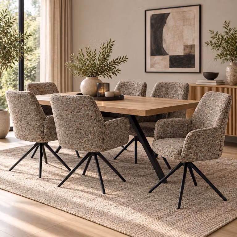 Set di 6 sedie da pranzo modello HWC-G67, girevoli, con meccanismo di auto-regolazione, rivestite in tessuto chenille (410g/m²), struttura disponibile in nero o marrone
