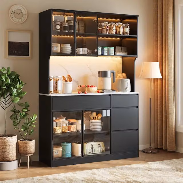 Sideboard moderno REDOM in MDF e vetro con illuminazione LED, Bianco e Nero, L 120 cm x P 40 cm x H 180 cm