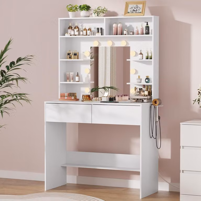Comò da trucco con specchio, illuminazione a LED, presa di corrente, 2 cassetti, 6 ripiani, 3 modalità di colore, luminosità regolabile, bianco, EU25VT901W