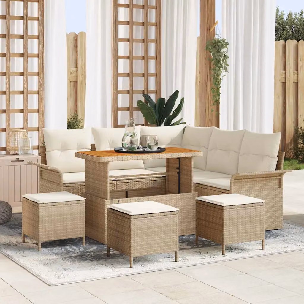 vidaXL Set Divano da Giardino a L con 9 Pezzi, Beige e Bianco, con Cuscini e Tavolino da Esterno – 1