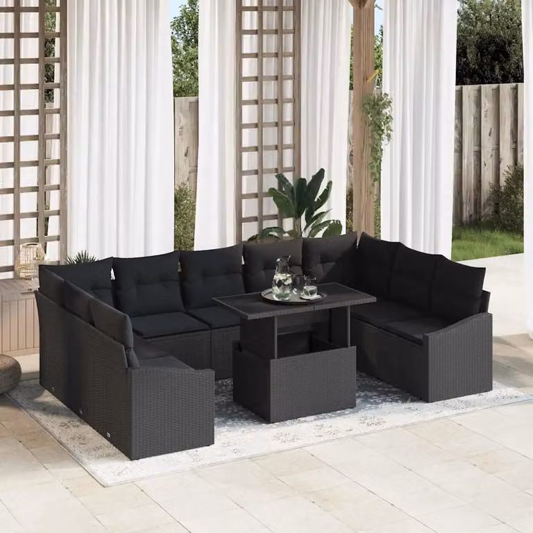 Set Divano da Giardino vidaXL in Polyrattan Nero con 10 Pezzi e Cuscini Inclusi