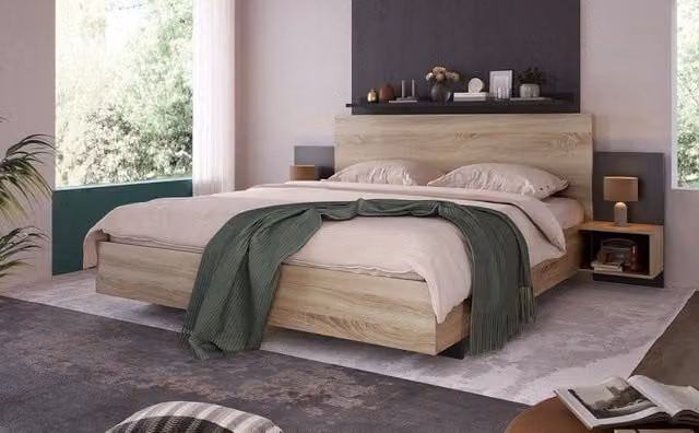 Letto in legno massello 160x200 cm con 2 comodini integrati, set completo, rovere Sonoma e grigio scuro