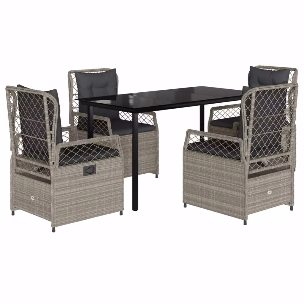 Set Pranzo da Giardino vidaXL in Polyrattan con Piano in Vetro e 5 Cuscini, Grigio e Nero – 2