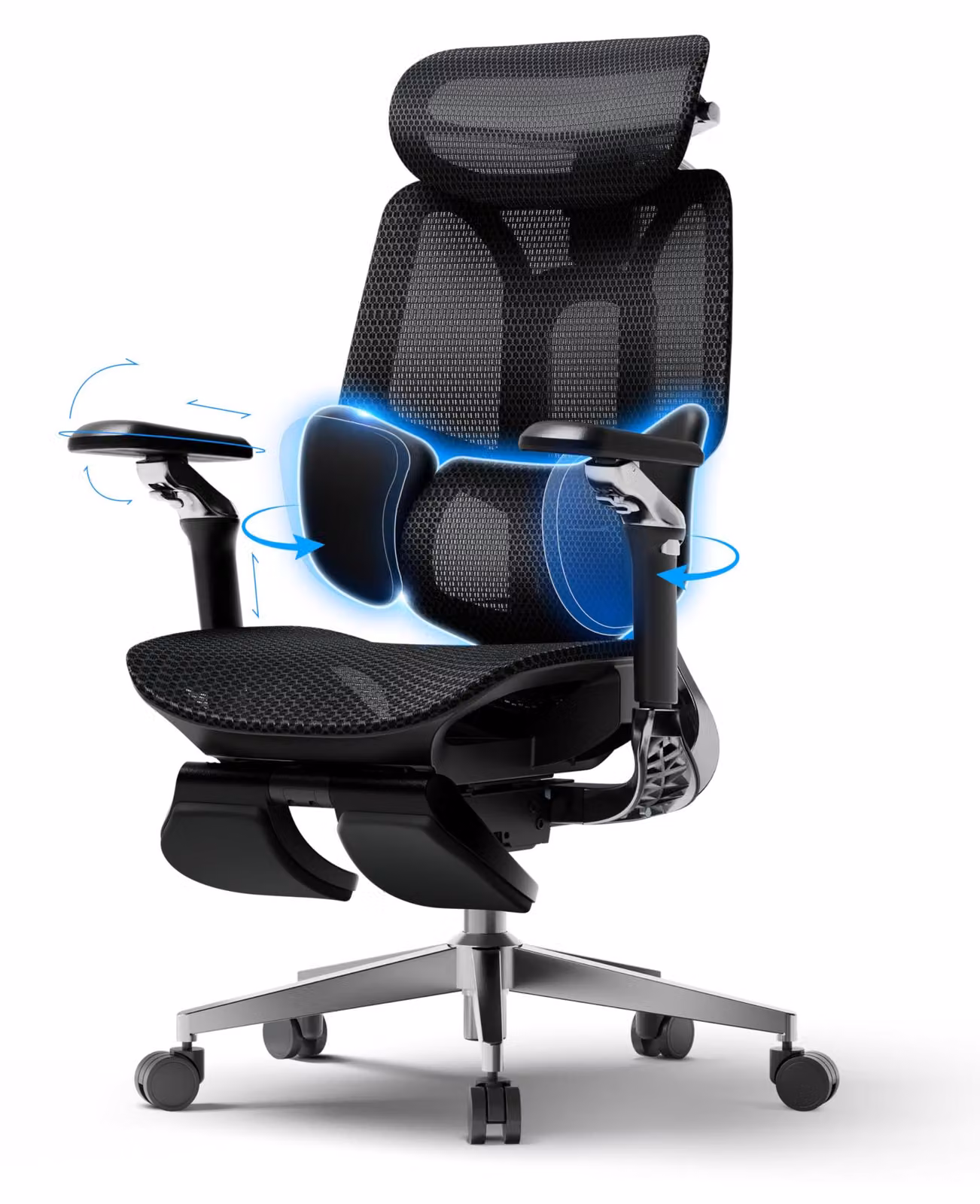 Sedia da ufficio ergonomica, colore nero, con poggiapiedi, realizzata in materiale a rete, con struttura in alluminio, ideale per l'ufficio, sedia da lavoro confortevole
