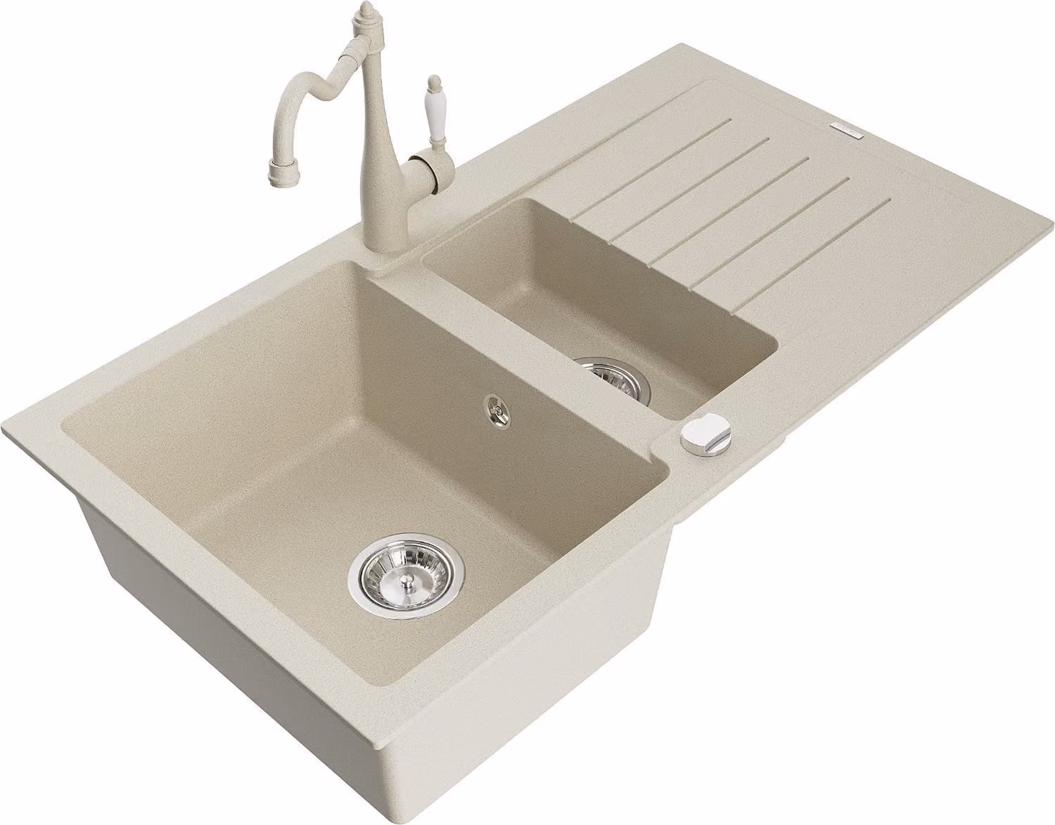 Mexen Matias lavello in granito 1,5 vasche con scolapiatti e miscelatore da cucina Carla, beige - 6502-69-670700-69