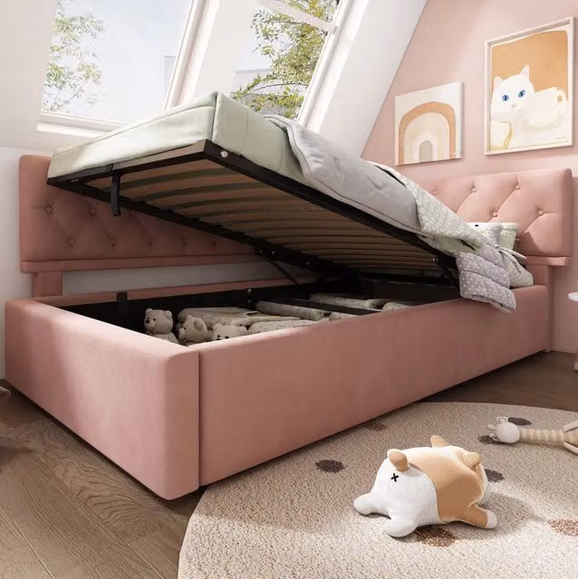 Letto imbottito 90x190 cm con contenitore idraulico e testiera reversibile in velluto rosa