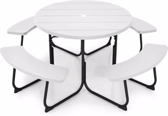 Set tavolo da picnic circolare Outsunny bianco per esterni con foro per ombrellone, 8 posti, L: 190 cm, P: 76 cm