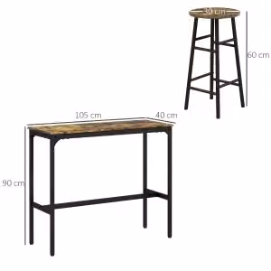 Set tavolo bar WISHDOR da 3 pezzi con 2 sgabelli, design industriale in metallo e MDF, colore marrone e nero, L/P/H: 100 x 40 x 105 cm – 2