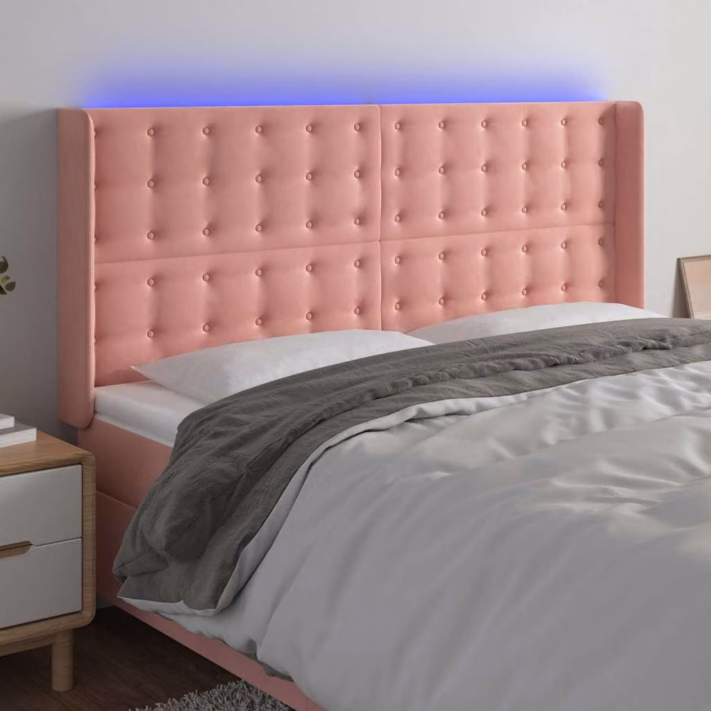 Testiera con LED e porta USB vidaXL in velluto rosa, L: 163 cm, P: 16 cm, H: 118/128 cm