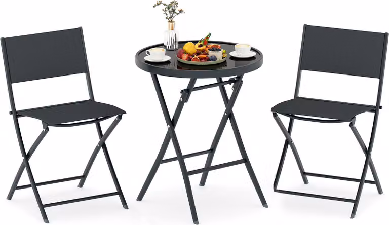 Set bistrot KOMFOTTEU, 3 pezzi, pieghevole, set da giardino in tessuto Textilene con struttura in metallo, tavolo e 2 sedie in vetro temperato, set da pranzo per balcone, Tereza