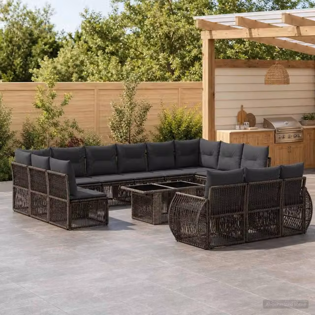 Set Divano da Giardino vidaXL 14 Pezzi a Forma di U con Tavolino, Colore Grigio e Antracite, Struttura in Metallo e Polyrattan con Cuscini Inclusi – 1