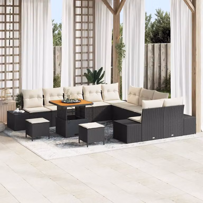 Set Divano da Giardino vidaXL 13 pz in Polyrattan Nero con Cuscini e Tavolino