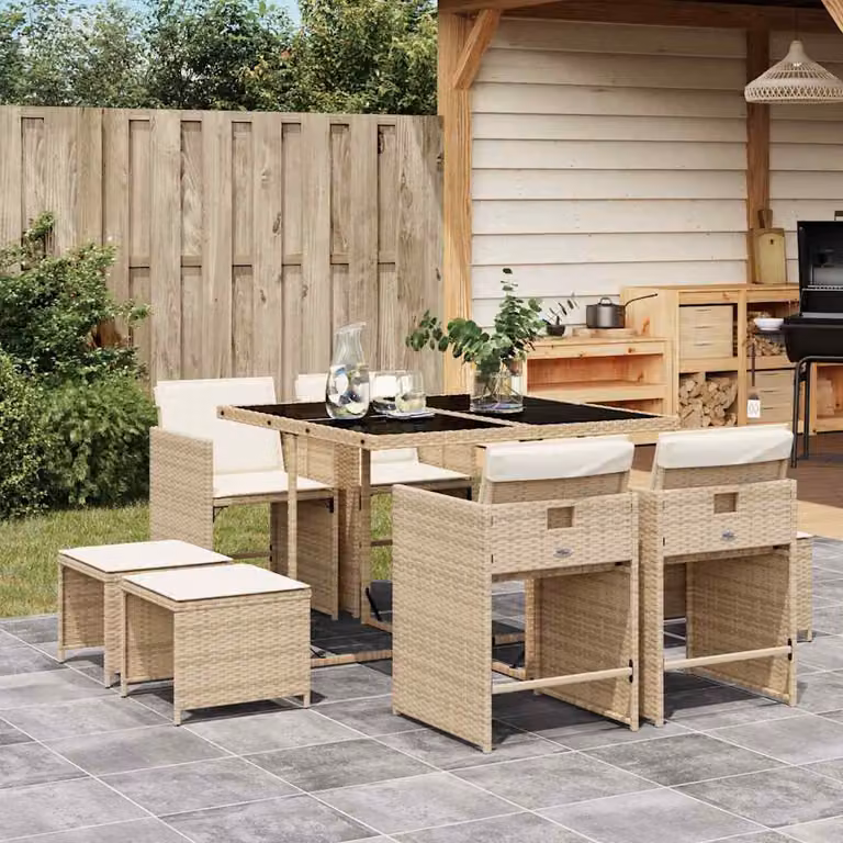 vidaXL Set da Pranzo da Giardino 9 pz in Polyrattan con Cuscini Beige e Tavolo in Vetro