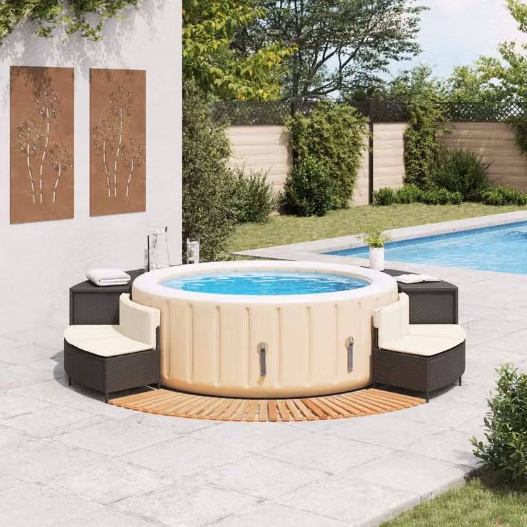 Bordo per Spa Nero in Polyrattan e Legno Massello di Acacia
