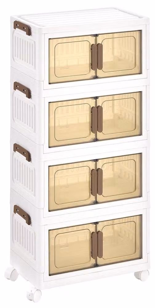 Organizzatore mobile su ruote con 4 ripiani e contenitori con coperchio | Bianco | 45x26x91 cm