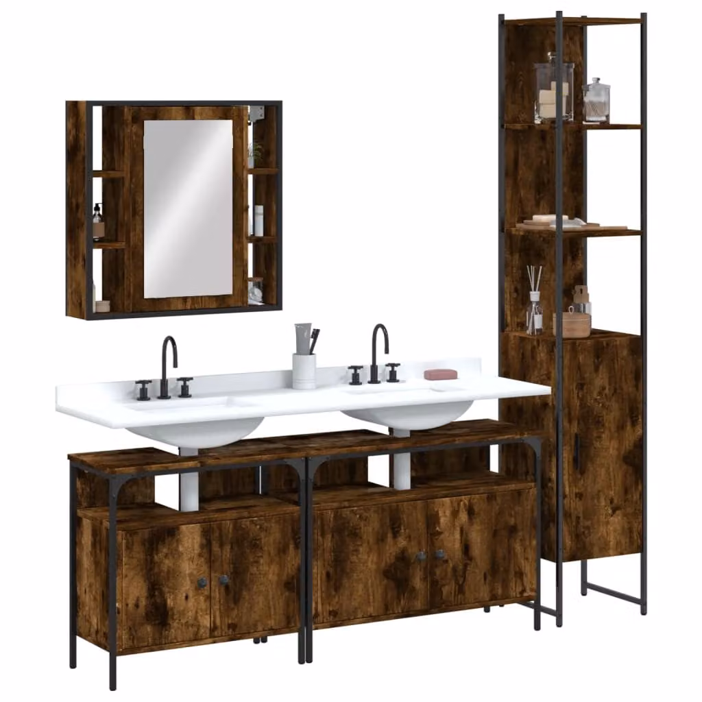 Set di mobili da bagno vidaXL 4 pezzi in stile industriale color rovere marrone con armadietto specchio, mobile lavabo e colonna alta in legno e metallo