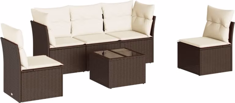 Set Divano da Giardino 6 pz con Cuscini Marrone in Polyrattan