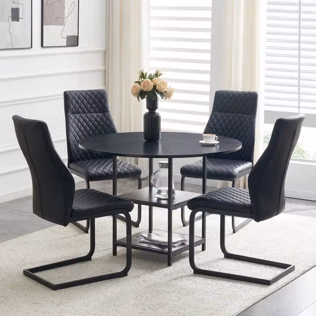 Set tavolo e sedie con tavolo rotondo, 4 sedie imbottite e ripiani aperti in MDF, metallo e similpelle PU nera