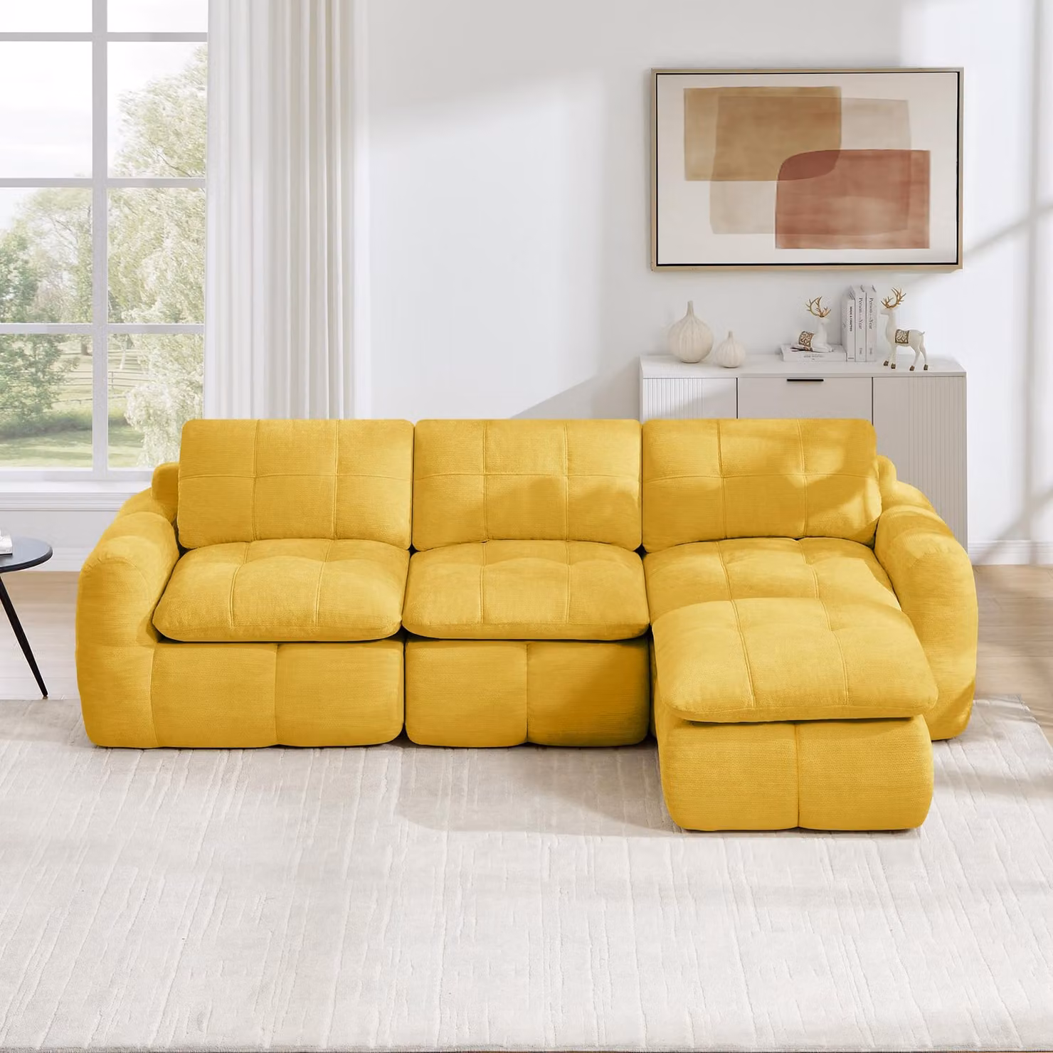 Divano modulare a forma di L, con tre posti, rivestito in chenille, imbottitura in schiuma 32D, con poggiapiedi integrato, senza necessità di montaggio (beige chiaro)