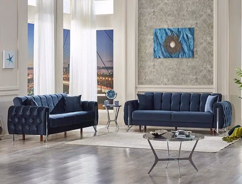 Polstermöbel 2x Dreisitzer Sofa Couch Komplett Textil Blau Wohnzimmer