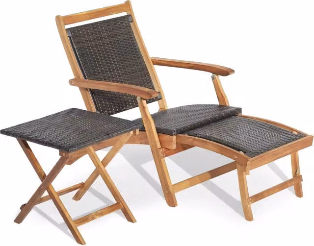 Chaise longue da giardino Outsunny in legno di acacia marrone con poggiapiedi retrattile e tavolino pieghevole L/P/H: 160 x 61 x 81 cm