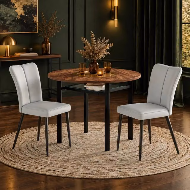 Set da pranzo moderno MIVRAY con tavolo rotondo e 2 sedie in vetro, metallo e MDF, colori marrone, nero e grigio – 1