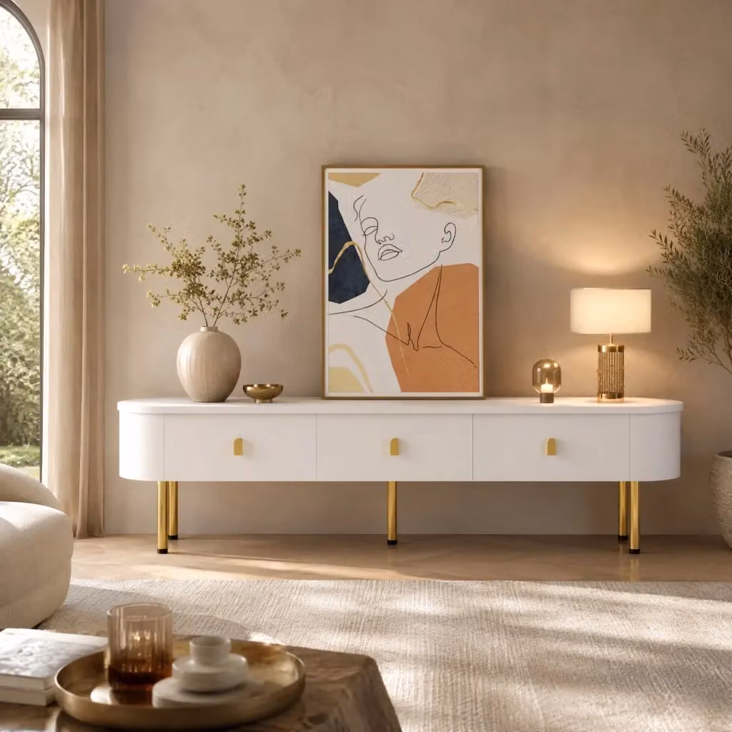 Mobile TV REDOM moderno con 3 cassetti in MDF bianco e oro L: 174 cm, P: 35 cm, H: 41 cm – 2