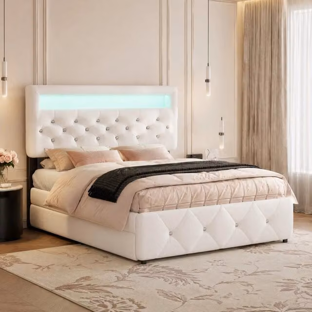 Letto Mivray con letto estraibile, due cassetti e luce LED integrata, testiera regolabile, bianco, L/P/H: 140 x 200 x 115 cm
