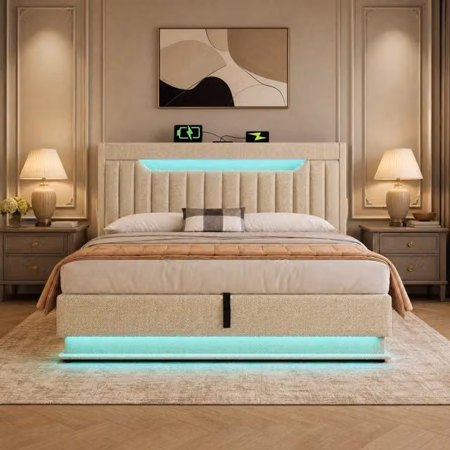 Letto matrimoniale 180x200 cm con contenitore; LED e USB; in lino beige