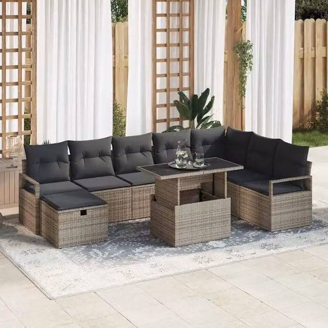 Set da giardino moderno vidaXL composto da 9 pezzi in rattan grigio con struttura in metallo e cuscini inclusi – 1