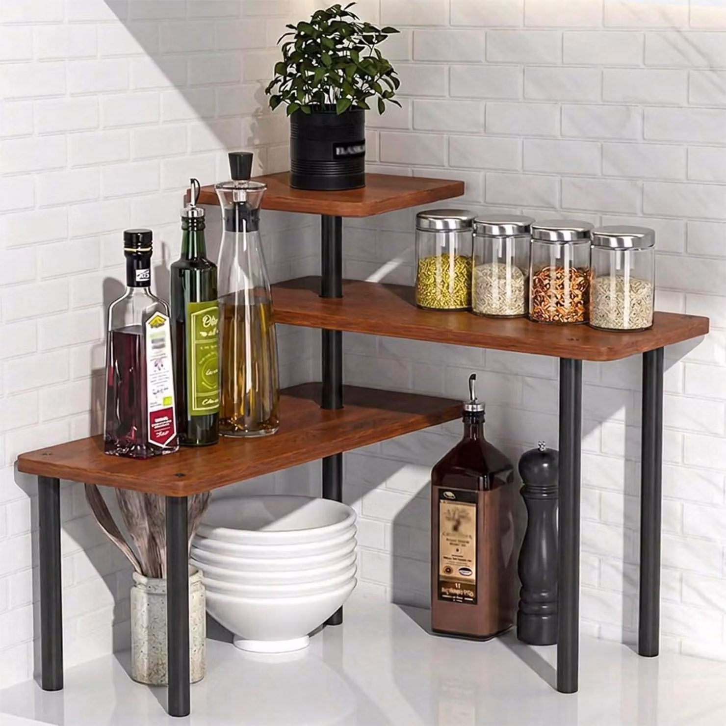 Ripiano angolare per cucina, organizer a 3 livelli, regolabile, finitura effetto noce
