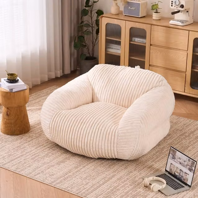Poltrona sacco beige in velluto a coste con schiuma ad alta densità, 55 × 47 × 31 cm