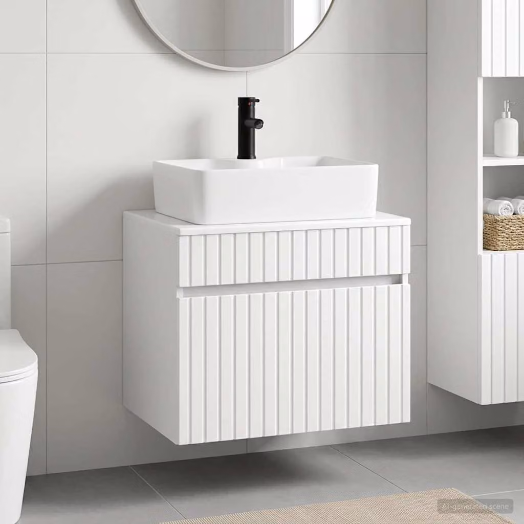 Set di mobili per il bagno vidaXL con mobile lavabo bianco in legno MDF, design minimalista e sospeso, L: 59,0 cm, P: 27,9 cm, H: 44,5 cm