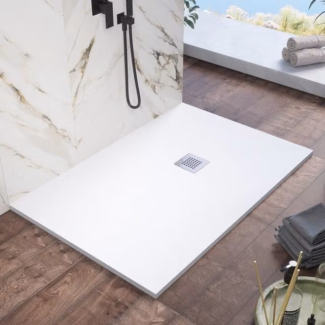 Piatto doccia rettangolare Kos in marmoresina bianco effetto pietra antiscivolo L: 90 cm, P: 70 cm – 1